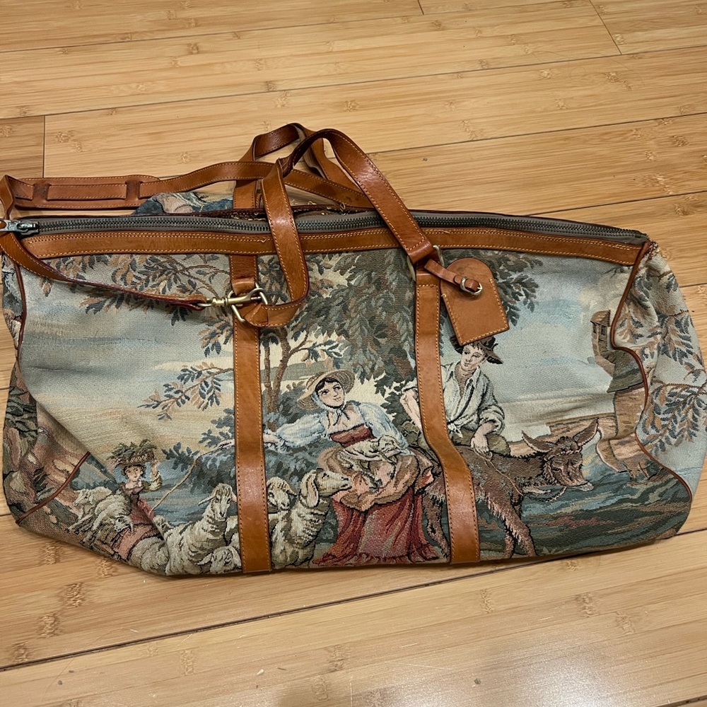 Casleigh Vintage Tapestry Travel Bag with Brown Leather Straps